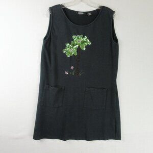 Moka Sport Black Sleeveless Green Beaded Tunic Size XL Pockets Sequin Palm Trees